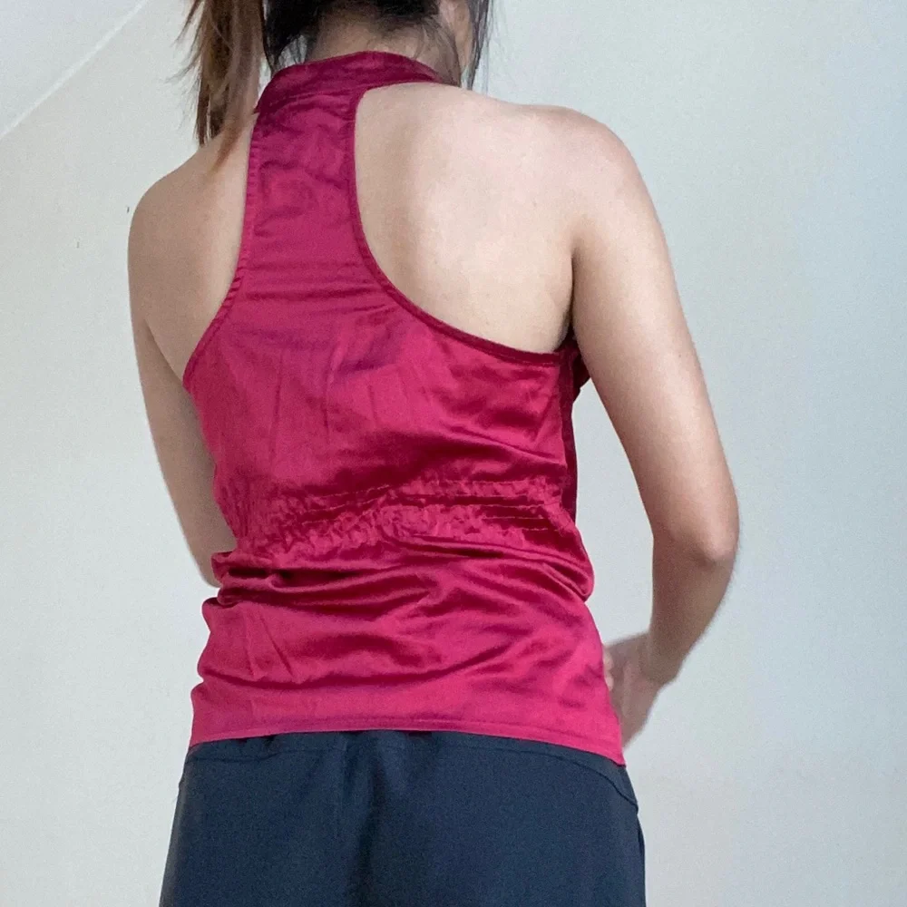 Satin Maroon Halter Ruffle Top - Picture 2 of 11
